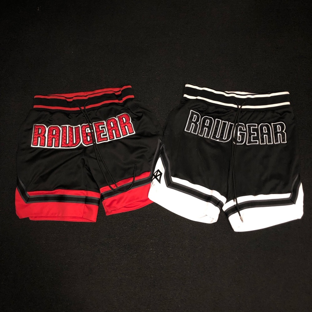 RAWGEAR. Embroidered Logo Basketball Shorts. 2 Pairs Size Large Black/Red/White